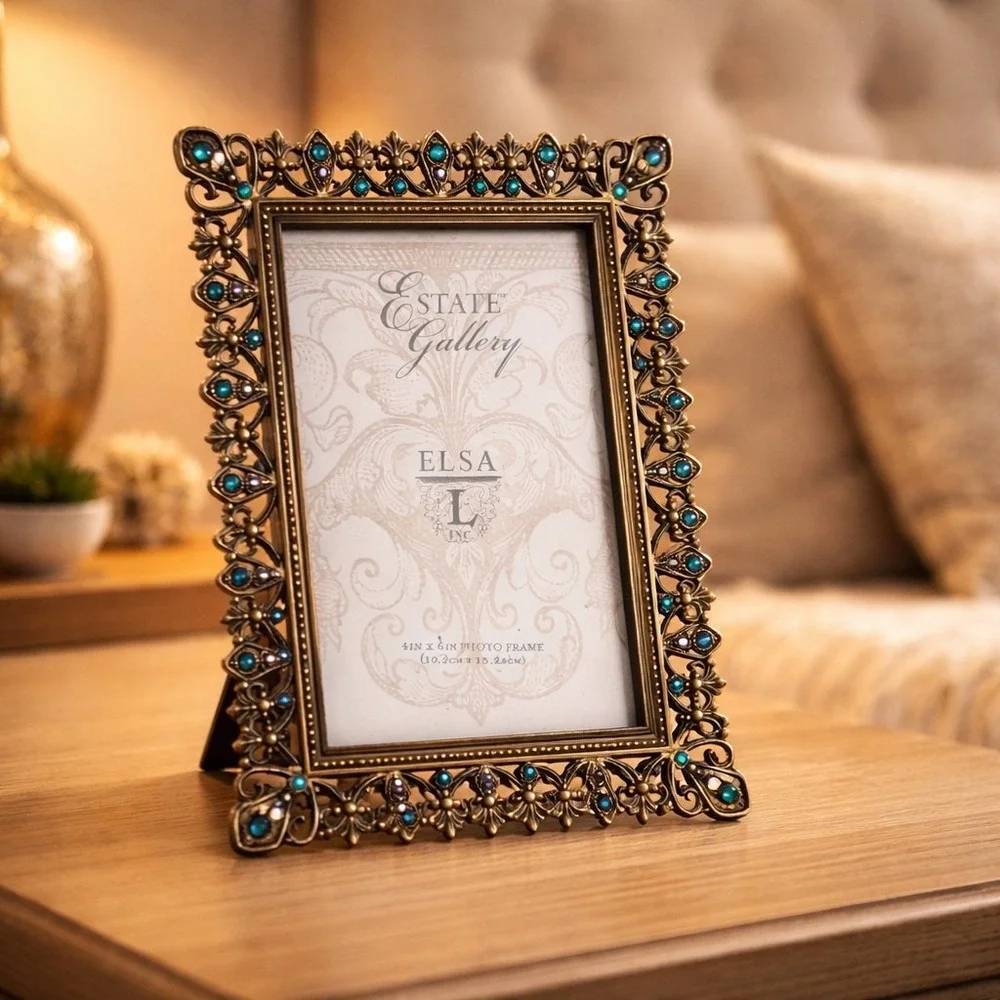 Jeweled/Rhinestone Gold Look Metal Picture Frame Holds 4X6 Photo Elsa L Inc